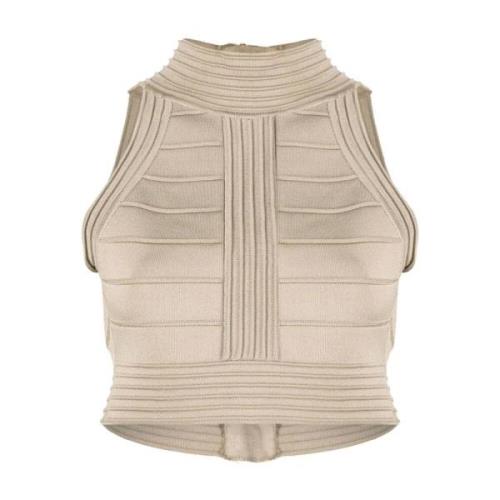 Ribbet Strikket Tank Top i Beige