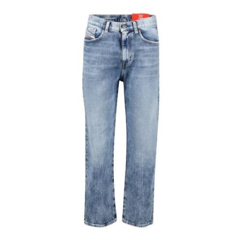 Blå Vasket Brodert Regular Jeans