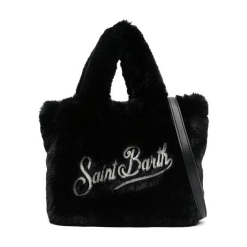 Svart faux-fur skulderveske med logo