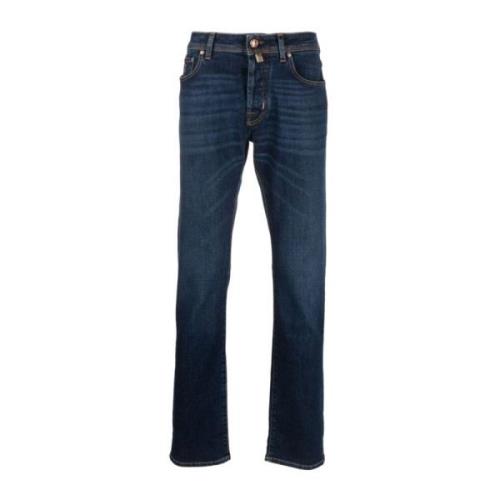 Indigo Blue Logo-Patch Straight-Leg Jeans