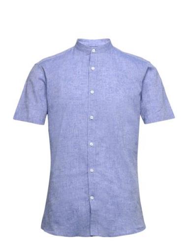 Mandarin Linen Blend Shirt S/S Blue Lindbergh
