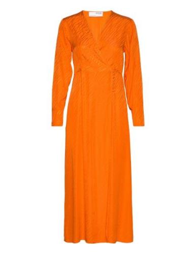 Slfabienne Ls Satin Ankle Wrap Dress B Orange Selected Femme