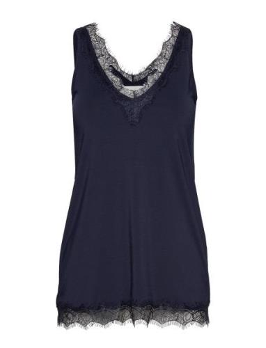 Rwbillie Sl Lace V-Neck Top Navy Rosemunde