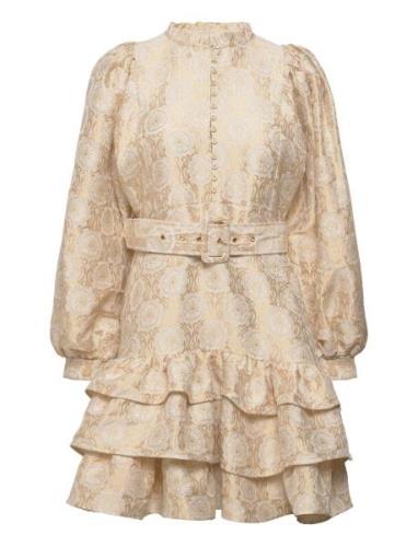 Brocade Belted Dress Beige By Ti Mo