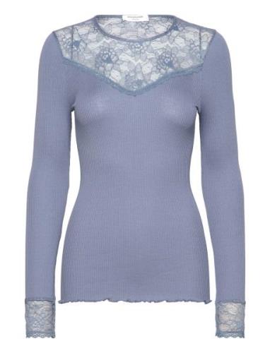 Silk T-Shirt Regular Ls W/Lace Blue Rosemunde