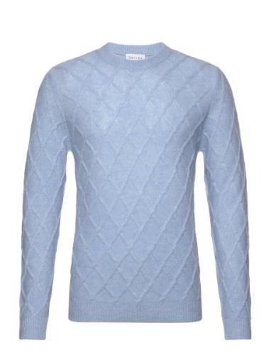 Man O-Neck Cable Sweater Blue Davida Cashmere