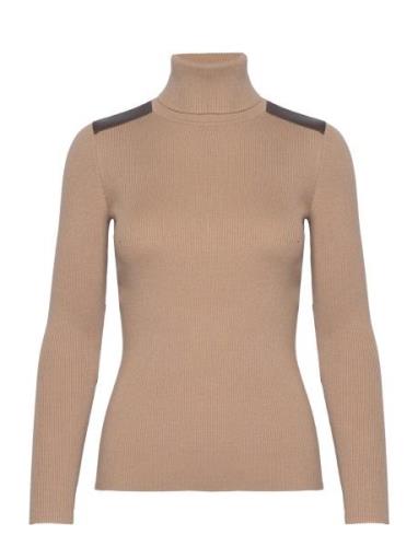 Faux Leather-Trim Rib-Knit Roll Neck Beige Lauren Ralph Lauren