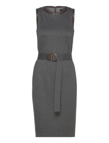 Faux-Leather-Trim Belted Jacquard Dress Grey Lauren Ralph Lauren