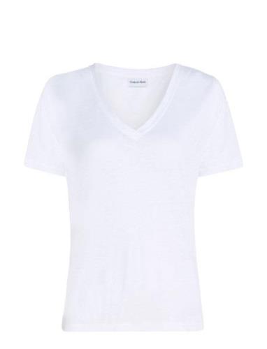 Linen Blend V-Nk Top Ss White Calvin Klein