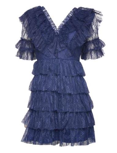 Sky V-Neck Frill Mini Lace Dress Blue Malina