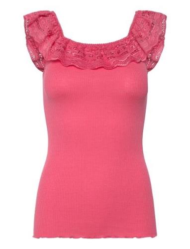 Silk Off Shoulder Top W/ Lace Pink Rosemunde