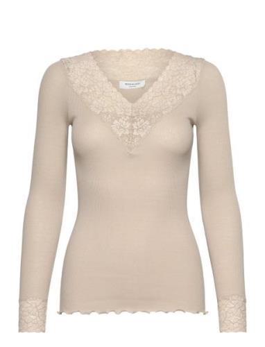 Organic T-Shirt W/ Lace Beige Rosemunde