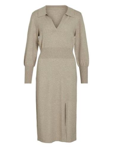 Vicomfy L/S Collar Rib Knit Dress - Noos Beige Vila