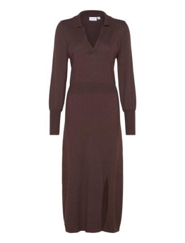 Vicomfy L/S Collar Rib Knit Dress - Noos Brown Vila