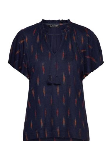 Geo-Print Jersey Tie-Neck Top Navy Lauren Ralph Lauren