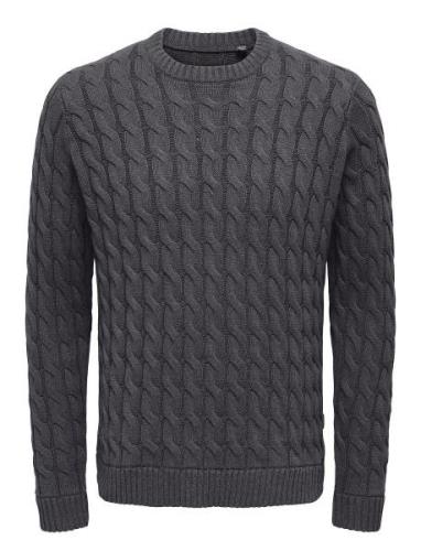 Onskicker Life Reg 3 Cable Crew Knit Grey ONLY & SONS