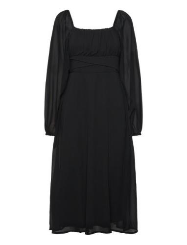 Brenna Square Neck L/S Midi Georgette Dress Black Bubbleroom