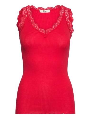 Rmwbalta Modal Sl Lace V-Neck Top Red RM By Rosemunde