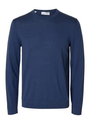 Slhtray Ls Knit Merino Crew Neck Noos Blue Selected Homme