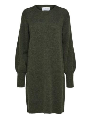 Slflulu Ls Knit Dress O-Neck B Noos Kort Kjole Khaki Green Selected Fe...