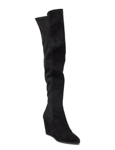 Biatina Wedge Overkneeboot Stretch Suede Høye Støvletter Black Bianco