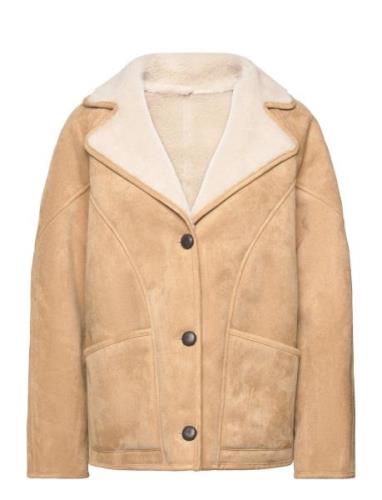 Shearling-Lined Coat With Buttons Skinnjakke Skinnjakke Beige Mango