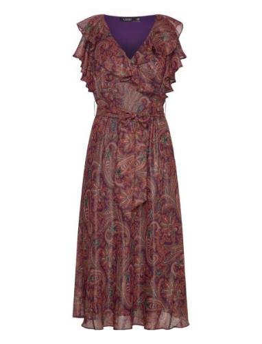 Print Ruffle-Trim Metallic Chiffon Dress Dresses Party Dresses Brown L...