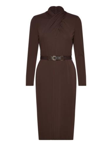 Belted Mockneck Jersey Dress Knelang Kjole Brown Lauren Ralph Lauren