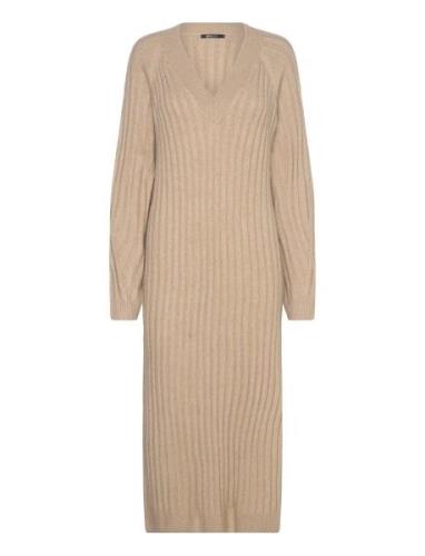 V-Neck Knitted Dress Knelang Kjole Beige Gina Tricot