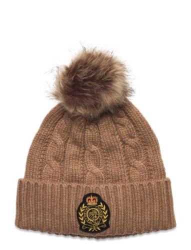 Crest-Patch Pom-Pom Cable-Knit Beanie Accessories Headwear Beanies Bro...