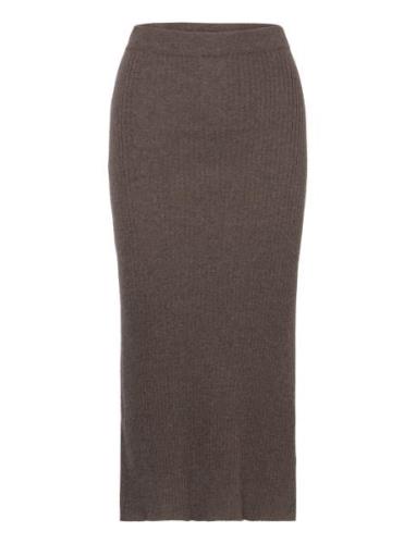 Rib A-Line Skirt Knelangt Skjørt Brown Davida Cashmere