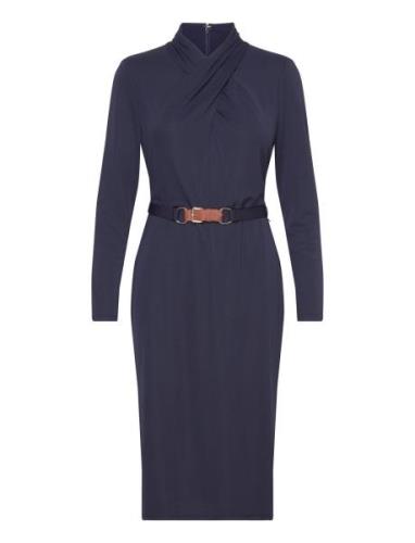 Belted Mockneck Jersey Dress Knelang Kjole Navy Lauren Ralph Lauren