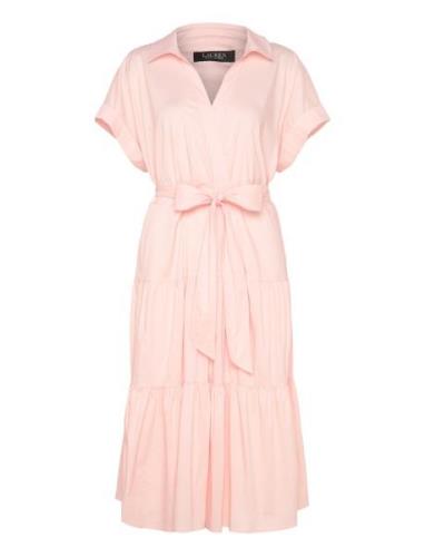 Belted Cotton-Blend Tiered Dress Knelang Kjole Pink Lauren Women