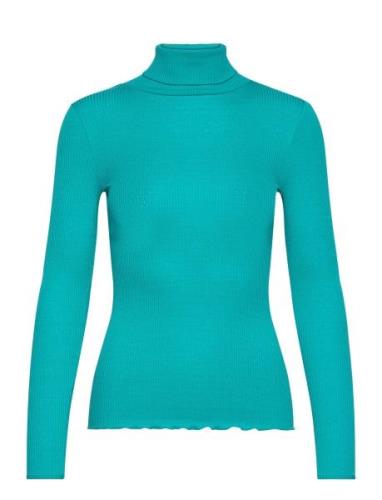 Silk T-Shirt W/ Roller Neck Tops Knitwear Turtleneck Blue Rosemunde