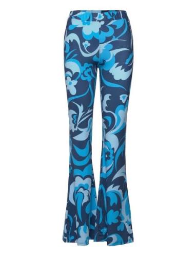 Trousers - Flower Print Bottoms Trousers Flared Blue Barbara Kristoffe...