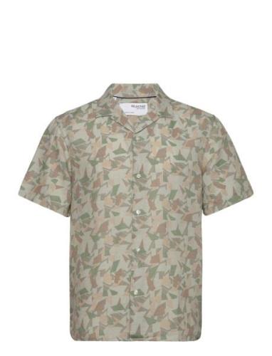 Slhrelax-Geo-Linen Shirt Ss Aop B Tops Shirts Short-sleeved Khaki Gree...