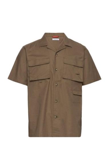 Wave Utility Stretch Canvas Box Fit Tops Shirts Short-sleeved Khaki Gr...