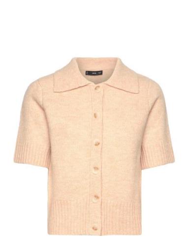 Short-Sleeved Cardigan With Shirt Collar Tops Knitwear Cardigans Beige...
