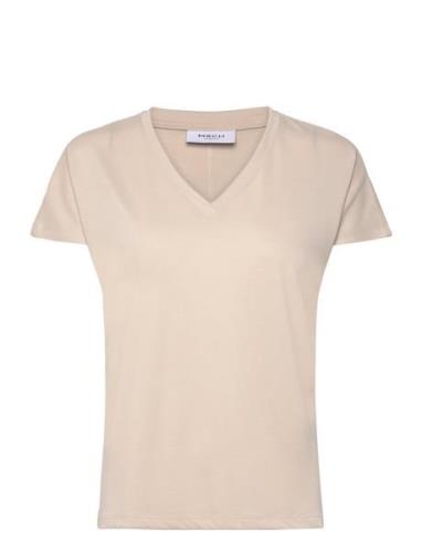 Mschfenya Modal V Neck Tee Tops T-shirts & Tops Short-sleeved Cream MS...