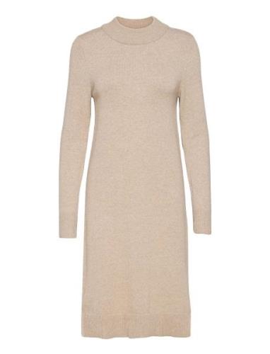 Viril Crew Neck L/S Midi Dress - Noos Knelang Kjole Beige Vila