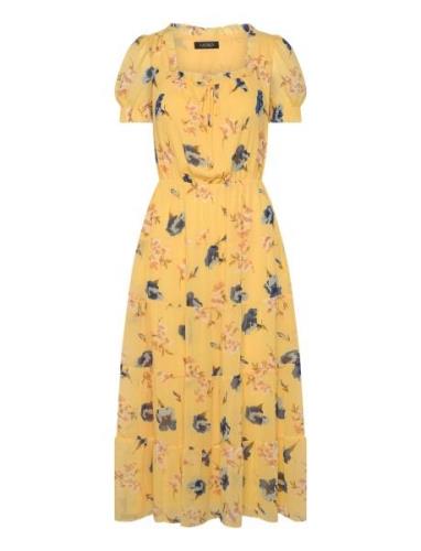 Floral Georgette Puff-Sleeve Midi Dress Knelang Kjole Yellow Lauren Ra...