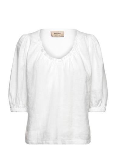 Mmtaissa Linen Blouse Tops Blouses Short-sleeved White MOS MOSH