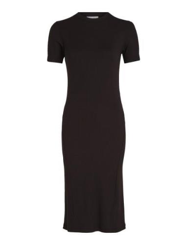 Modal Rib Slit Detail Midi Dress Knelang Kjole Black Calvin Klein