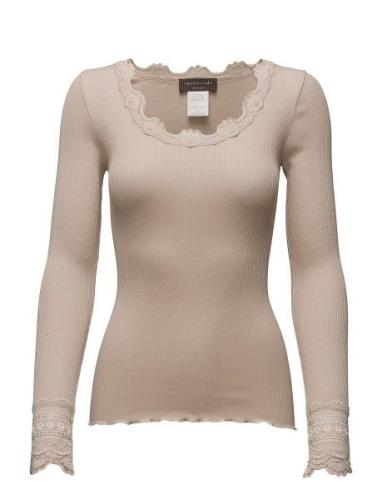 Silk T-Shirt W/ Lace Tops T-shirts & Tops Long-sleeved Beige Rosemunde