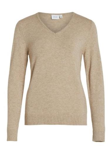 Viril V-Neck L/S Knit Top - Noos Tops Knitwear Jumpers Beige Vila