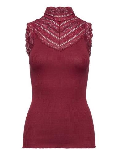 Silk Top W/ Lace Tops T-shirts & Tops Sleeveless Red Rosemunde