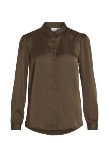 Viellette Satin L/S Shirt - Noos Tops Shirts Long-sleeved Khaki Green ...