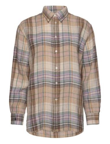 Relaxed Fit Plaid Linen Shirt Tops Shirts Long-sleeved Brown Polo Ralp...
