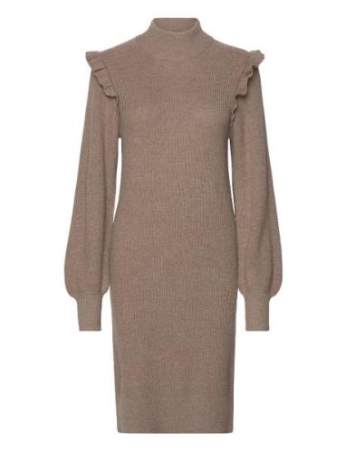 Objmalena L/S Ruffle Knit Dress Dresses Knitted Dresses Brown Object