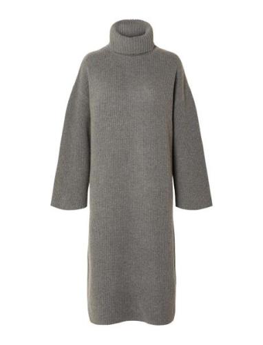 Slfnew Elina Ls Knit Highneck Dress B Knelang Kjole Grey Selected Femm...